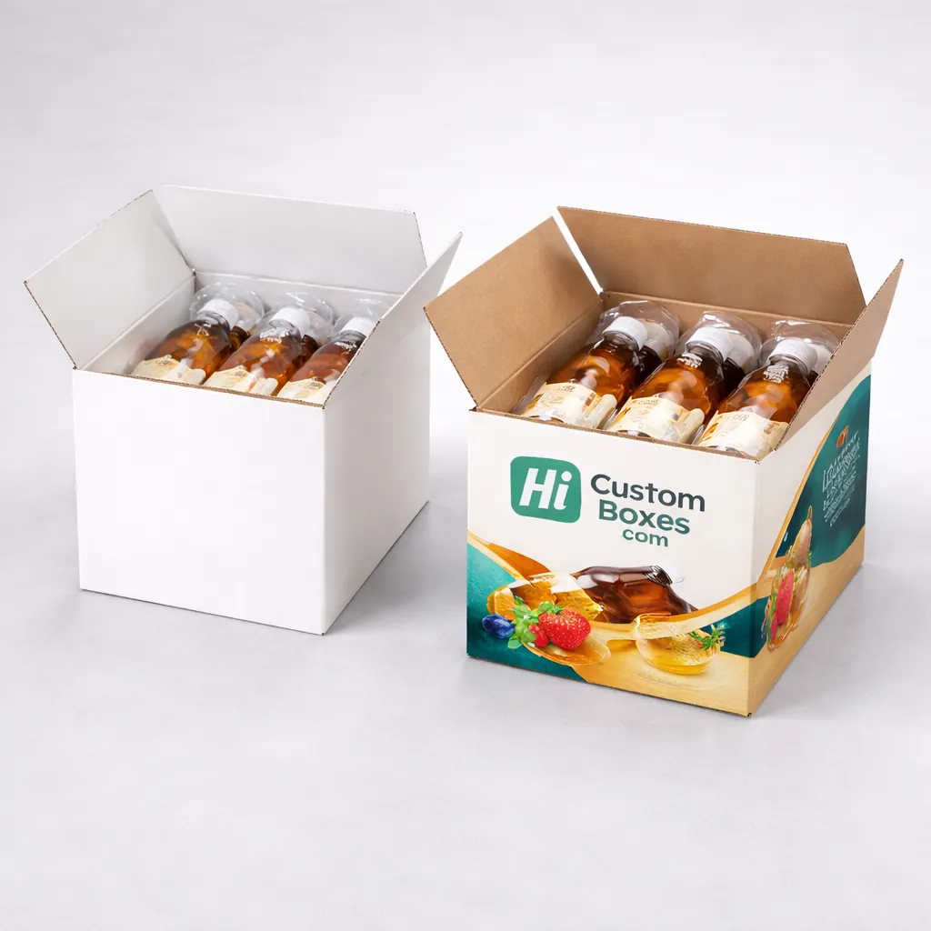 Two large shipping cartons filled with glass bottles, one plain white and one featuring colourful product branding. class=